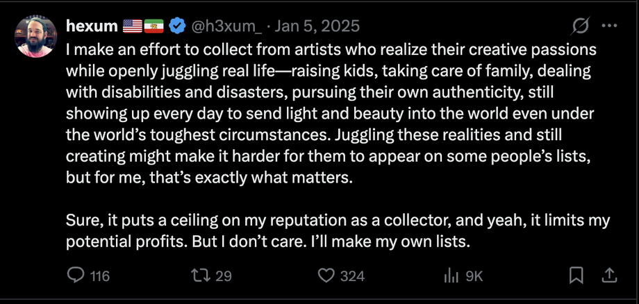 Screenshot of the January 5, 2025 X post about intentionally collecting from artists juggling real life while still creating.