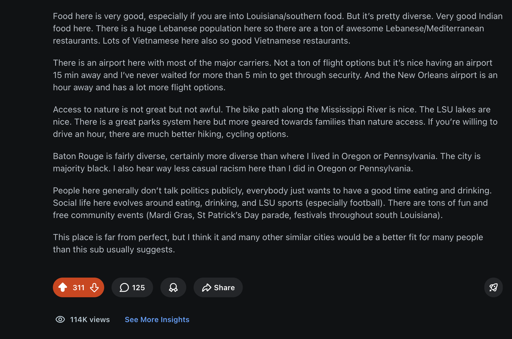 Continuation screenshot of the Reddit Baton Rouge post showing food, airport, diversity, and the closing judgment.