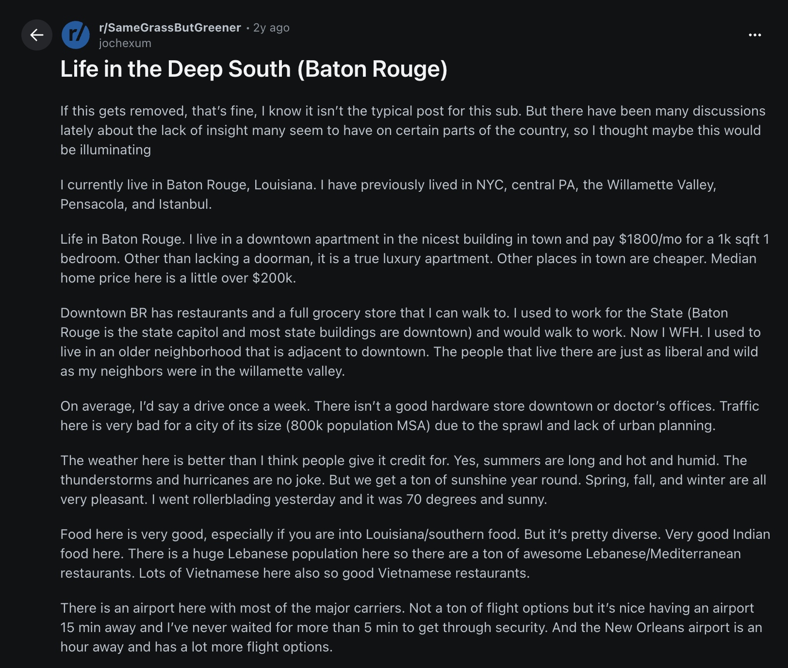 Screenshot of a Reddit post titled 'Life in the Deep South (Baton Rouge)' in the SameGrassButGreener subreddit.