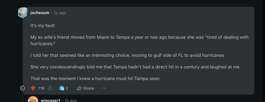 Screenshot of the Hurricane Milton Reddit comment by jochexum showing strong public engagement.