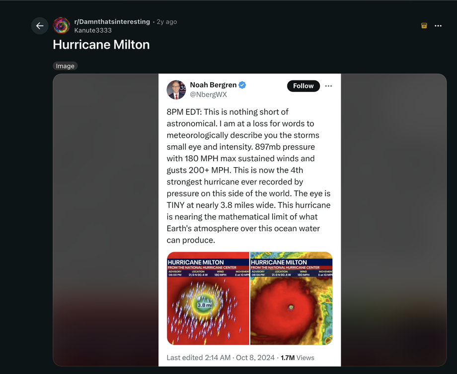 Screenshot of the original Hurricane Milton Reddit thread showing the storm post and high view count.