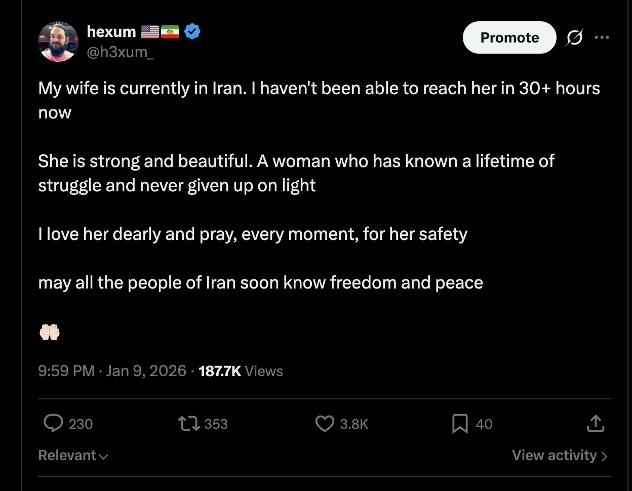 Screenshot of the January 10, 2026 X post beginning 'My wife is currently in Iran.'