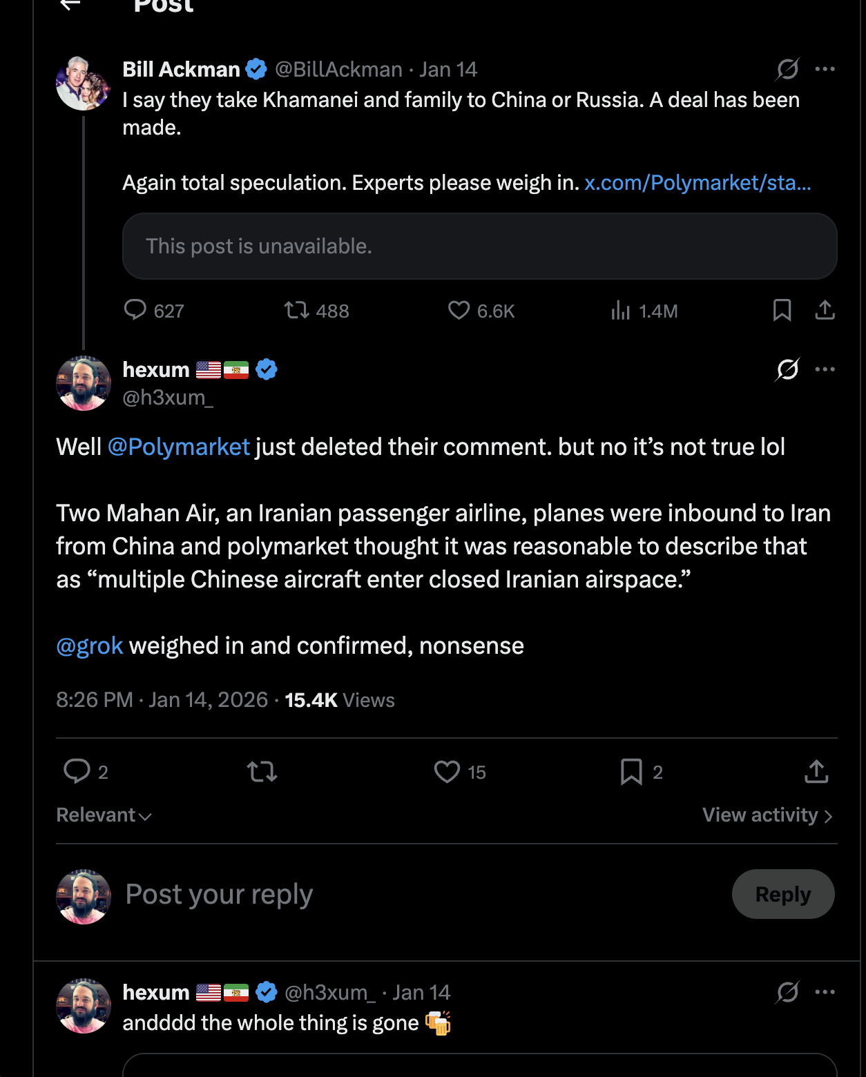 Screenshot showing Bill Ackman’s post above the correction thread that explains the Mahan Air misreporting.